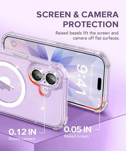 BERFY for iPhone 17 Case for Women, Clear Glitter Shockproof Protective Case, Anti-Yellowing, with Screen Protector & Camera Lens Protector 6.3", Magnetic Diamond Sparkle