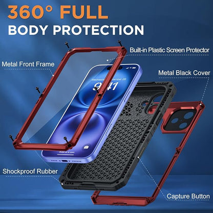 Beasyjoy for iPhone 16 Case Waterproof, Metal Heavy Duty Full Body Protective Case with Built-in Screen Protector, Military Grade Shockproof Dustproof Defender Rugged Cover for iPhone 16 6.1" Red