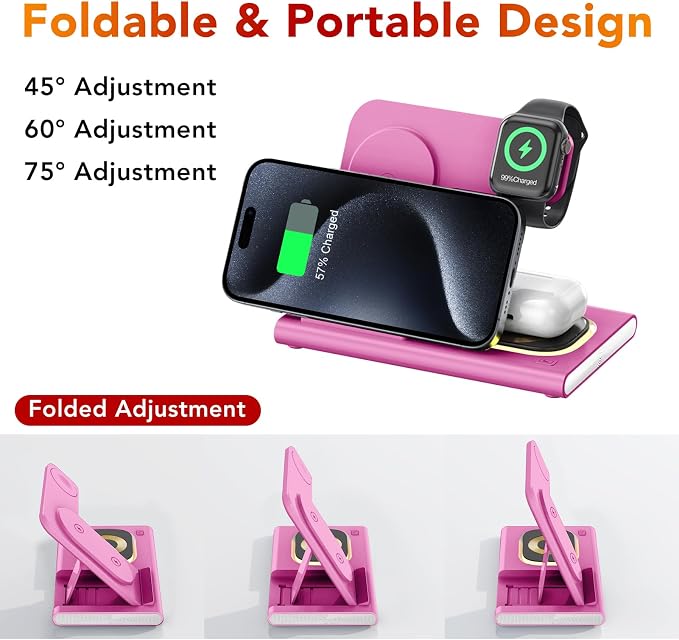 3 in 1 Charging Station for iPhone 17 - Wireless Charger for Apple Devices for iPhone 17 16 15 14 13 12 11 Pro Max - Foldable Wireless Charging Station Dock Stand for Apple Watch Series & AirPods