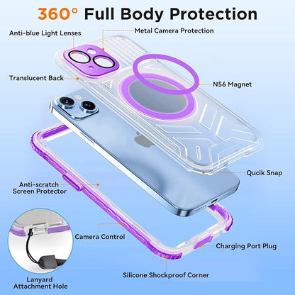 WIFORT for iPhone 15 Waterproof Case, [IP68 Underwater Dustproof][Built-in Screen][15FT Military Shockproof], 360 Full Body Sealed Protection Cover Magnetic Frosted Phone Case, 6.1" Purple