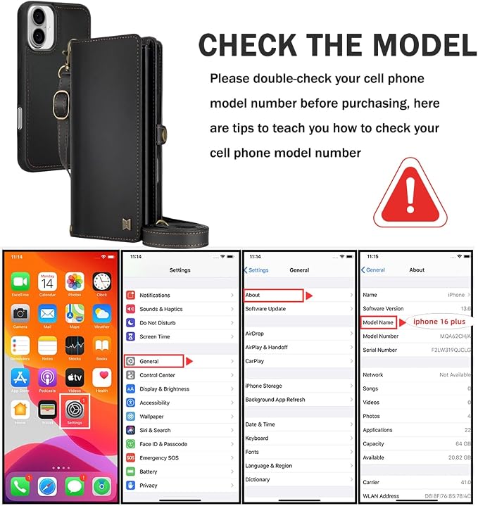 for Wallet Case Compatible with iPhone 16 Plus,Multi-Function Detachable 2 in 1 Magnetic iPhone 16 Plus Case Wallet,Flip Strap Zipper Card Holder Phone Case with Shoulder Straps (Black)