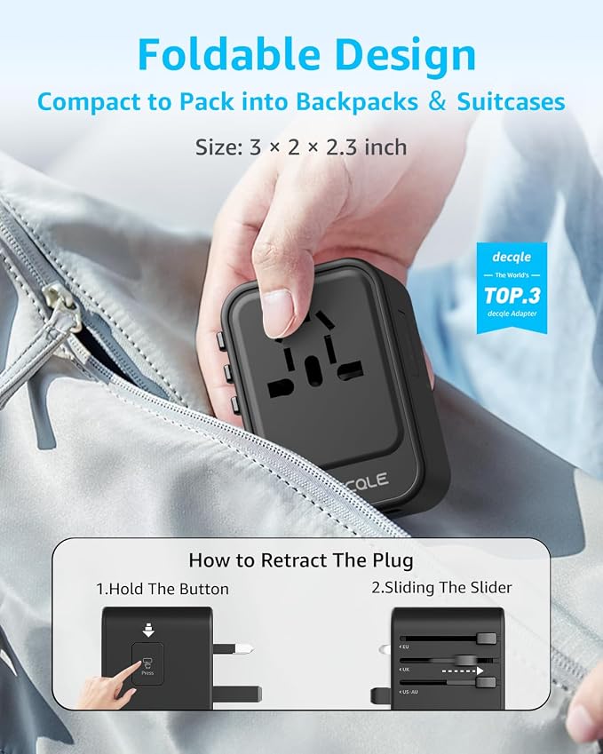 Universal Travel Adapter, 2 USB-C ＆ 1 USB-A, Cover 200+ Countries | GaN 65W, International Plug Adapter, All in One Portable Adapter, NOT A Voltage Converter, for USA, UK, EU, AU (Black)