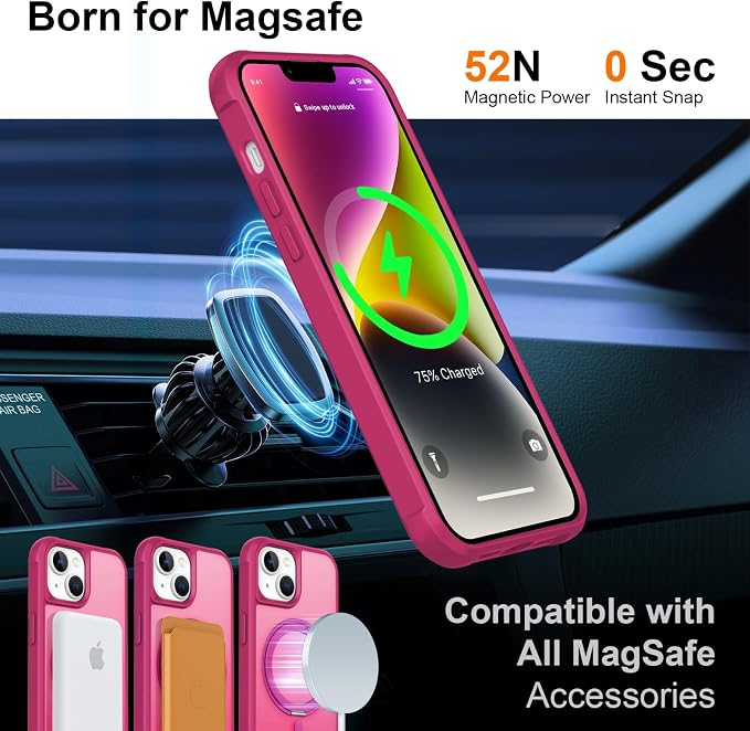 360° Magnetic Swivel Ring for iPhone 14 Plus case, Built-in Metal Stand and Ring Holder, Magsafe Compatible, Military Grade Protection, Shockproof - Rose Pink