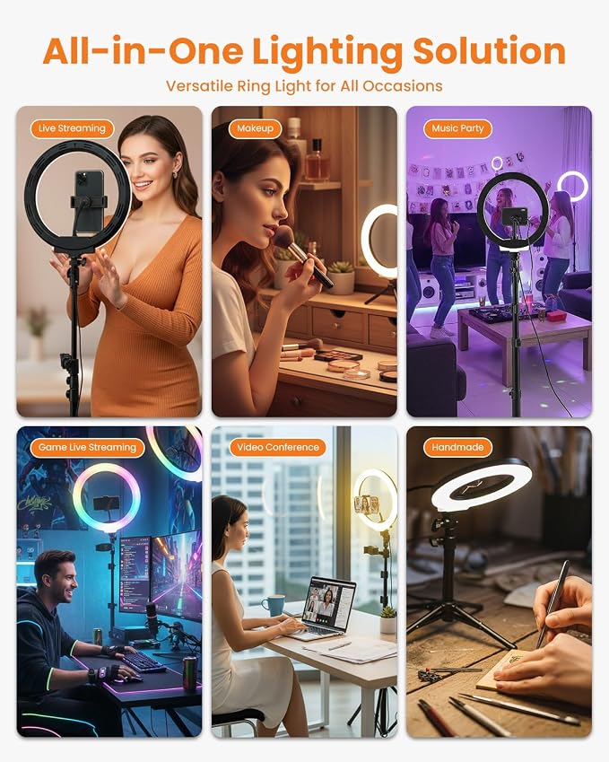 10" Desk Ring Light with 66'' Tripod Stands & Phone Holder, LED Circle Ring Lights Compatible with All Phones, 3 Color & 10 Brightness Level, for Live Stream, Makeup, Selfie, YouTube, TikTok