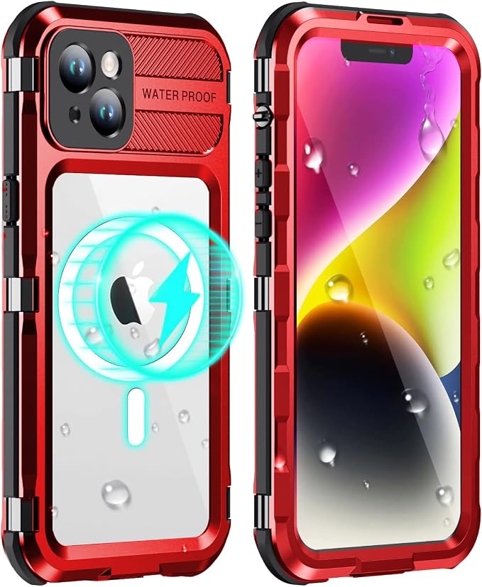 WIFORT for iPhone 14 Plus Waterproof Case - Built-in [Screen Protector][IP68 Water Proof][14FT Military Grade Shockproof], Rugged Metal Full Body Aluminum Protective Drop Protection Cover, 6.7" Red