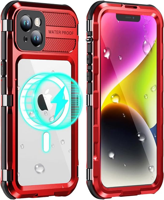 WIFORT for iPhone 14 Plus Waterproof Case - Built-in [Screen Protector][IP68 Water Proof][14FT Military Grade Shockproof], Rugged Metal Full Body Aluminum Protective Drop Protection Cover, 6.7" Red
