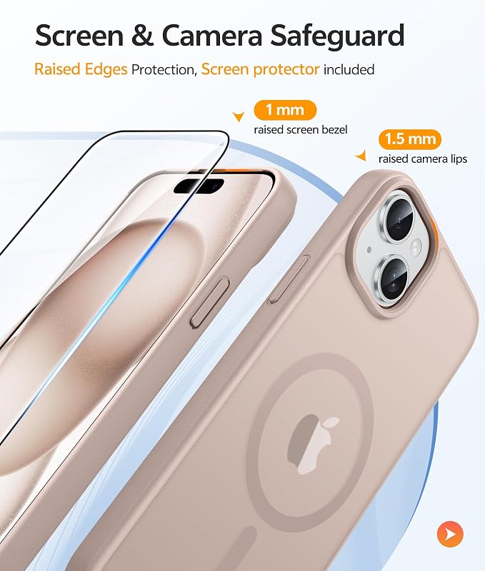 FNTCASE for iPhone 15 Case: for iPhone 14 Case & iPhone 13 Case [Compatible with Magsafe] Translucent Matte Cases with [Screen Protector] Military Grade Shockproof Protective Phone Cover - Desert Gold
