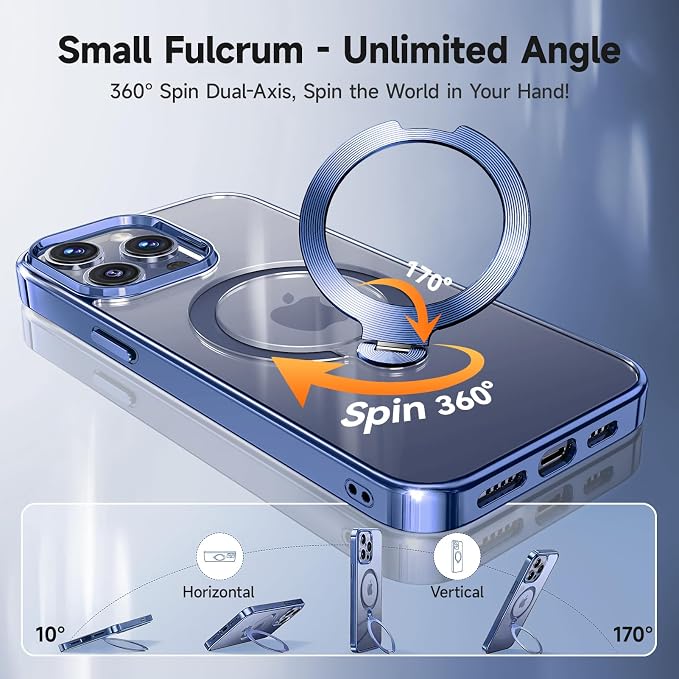 [Tri-Shield Protection] for iPhone 13 Pro Max Case with 360° Spin Stand Compatible with MagSafe [Magnetic CD Ring] [Screen & Camera Lens Protector] Shockproof Plating Never-Yellowing, Blue-6.7"