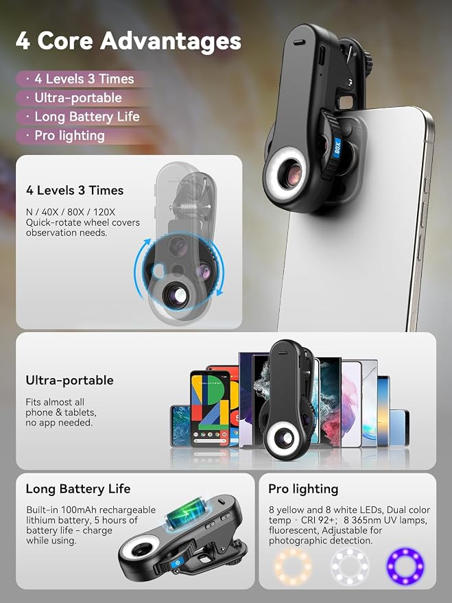 MIAO LAB Phone Microscope, 40x/80x/120x 3-in-1 Switchable Magnification Portable Microscope with LED UV Light CPL Lens for iPhone & Android Phone Zoom Lens Attachment for Plants/Coins/Jewelry
