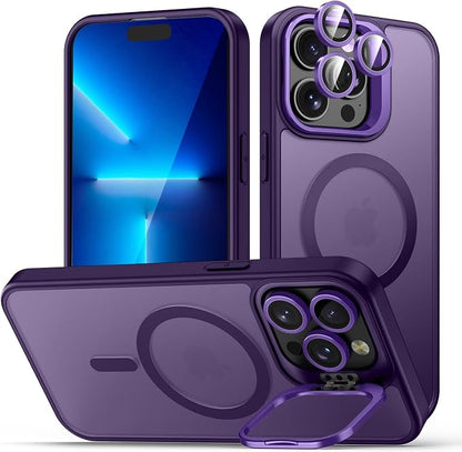for iPhone 13 Pro Max Case, Compatible with MagSafe, 3-in-1 Camera Ring Stand, with 9H Camera Lens Cover, Non-Slip Translucent Matte Military-Grade Drop Protection Magnetic Case, Purple