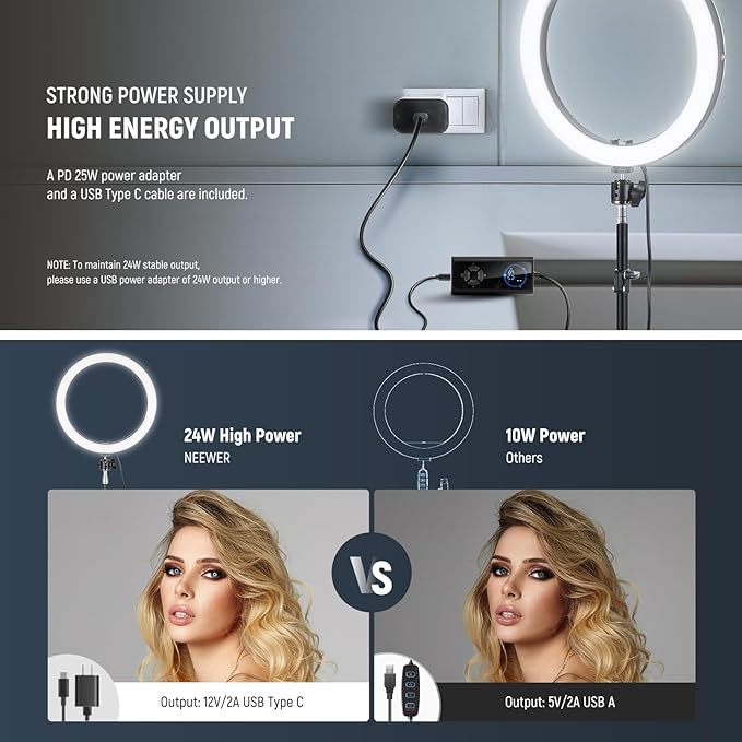 NEEWER 12" 24W High Power LED Ring Light with 71" Tripod Stand Phone Holder Compatible with iPhone for Video Recording Makeup Selfie Studio Streaming TikTok, Bi Color Ringlight Lighting, RH12B