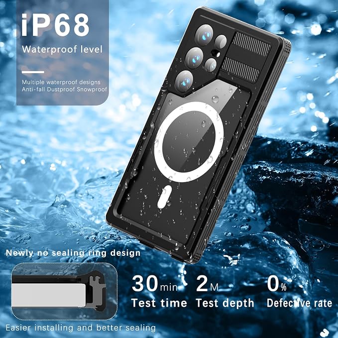 Losin Compatible with Galaxy S25 Ultra Case Waterproof Magnetic [Compatible with MagSafe] [Drop Protection] [IP68 Underwater] Full Body Shockproof Protective Phone Case, Black