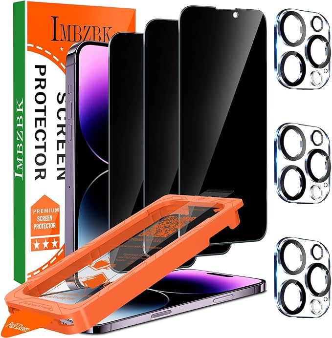 IMBZBK [Auto-Dust Removal] 3 Pack Privacy Screen Protector for iPhone 14 Pro Max Anti Spy Private Accessories, Case Friendly Film, Military Grade Tempered Glass 3 Camera Lens Protector