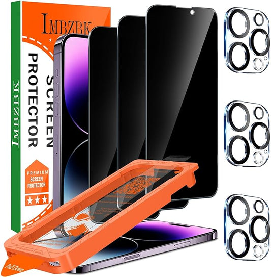 IMBZBK [Auto-Dust Removal] 3 Pack Privacy Screen Protector for iPhone 14 Pro Max Anti Spy Private Accessories, Case Friendly Film, Military Grade Tempered Glass 3 Camera Lens Protector