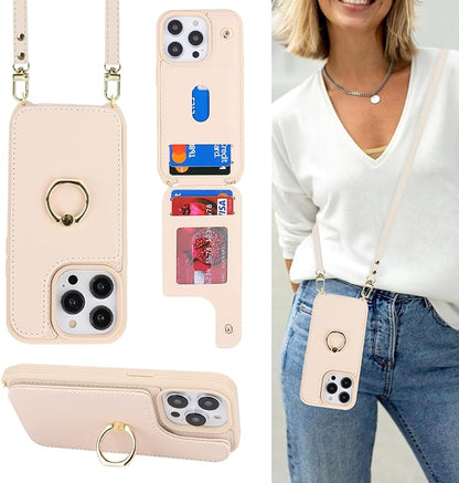 Lipvina for iPhone 13 Case with Card Holder for Women,Crossbody Strap Lanyard,Credit Card Holder,Ring Stand,Snap Clasp,Wallet Case 6.1 inch (Beige)