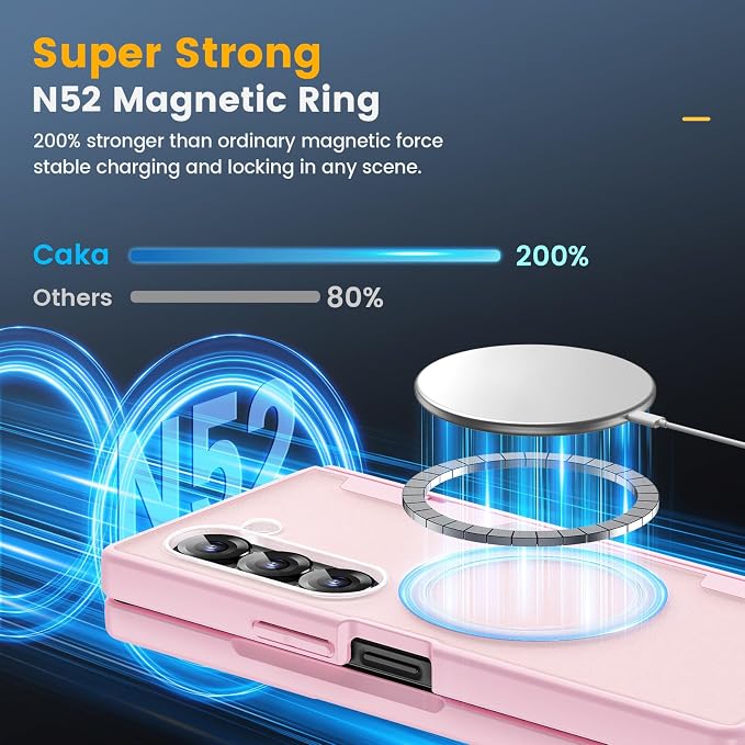 Caka Magnetic for Samsung Galaxy Z Fold 6 Case with Hinge Protection Pink | Compatible with MagSafe, Built-in Outer Screen Protector, Hinge Guard, Translucent Matte Back, 360° Hybrid Drop Defense