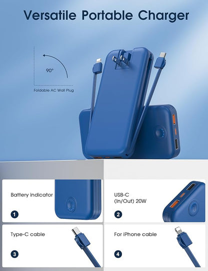 Nusyddy Portable Charger 10000mAh PD20W w/Built-in Cables & Wall Plug Navy | PD20W Fast Charging, Battery Indicator, Pass Through Charging, TSA Approved, Compact/Slim, Power Bank for iPhone/iPad/Samsung