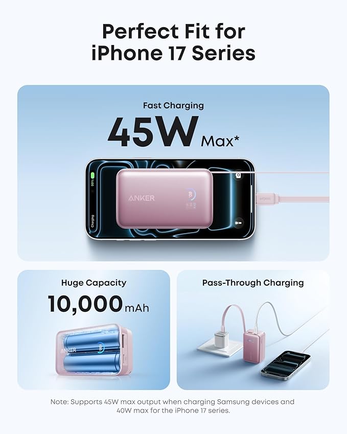 Anker Nano Portable Charger, 45W 10000mAh with 2.3 ft Retractable Cable, Compact Power Bank, Travel Essential Phone Battery Pack for iPhone 17/16 Series, iPad, Galaxy, Pixel, and More