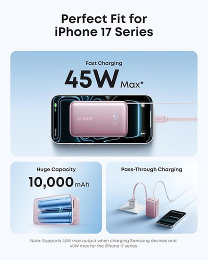 Anker Nano Portable Charger, 45W 10000mAh with 2.3 ft Retractable Cable, Compact Power Bank, Travel Essential Phone Battery Pack for iPhone 17/16 Series, iPad, Galaxy, Pixel, and More