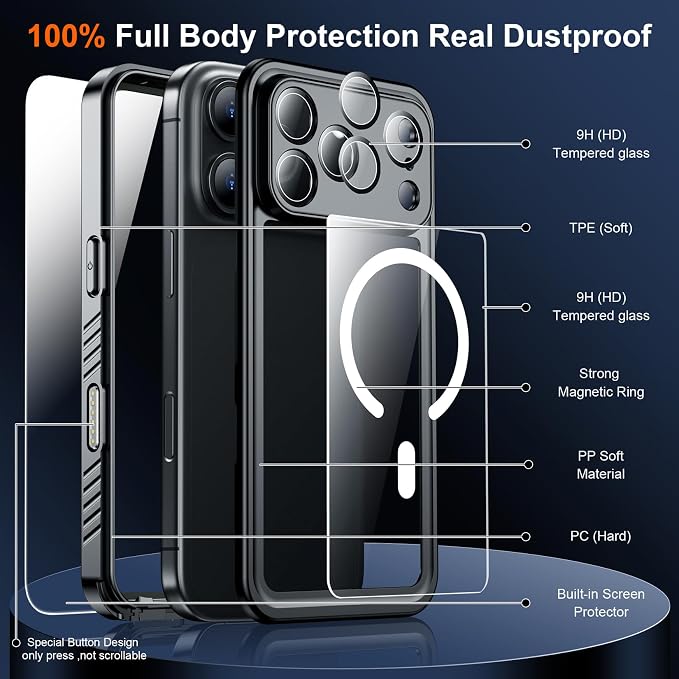 SPIDERCASE Magnetic for iPhone 17 Pro Case Waterproof,Built-in Screen & Camera Lens Protector[IP68 Waterproof] [Military Grade Shockproof] Full Body Protection Cover for iPhone 17 Pro 6.3’’,Black