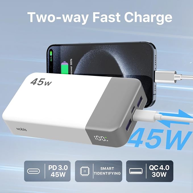 NOBIS Portable Charger 45W 20000mAh Power Bank Fast Charging | 2C+2A Battery Pack with C to C Cable, Battery Bank with Digital Display for iPhone Android Laptop etc