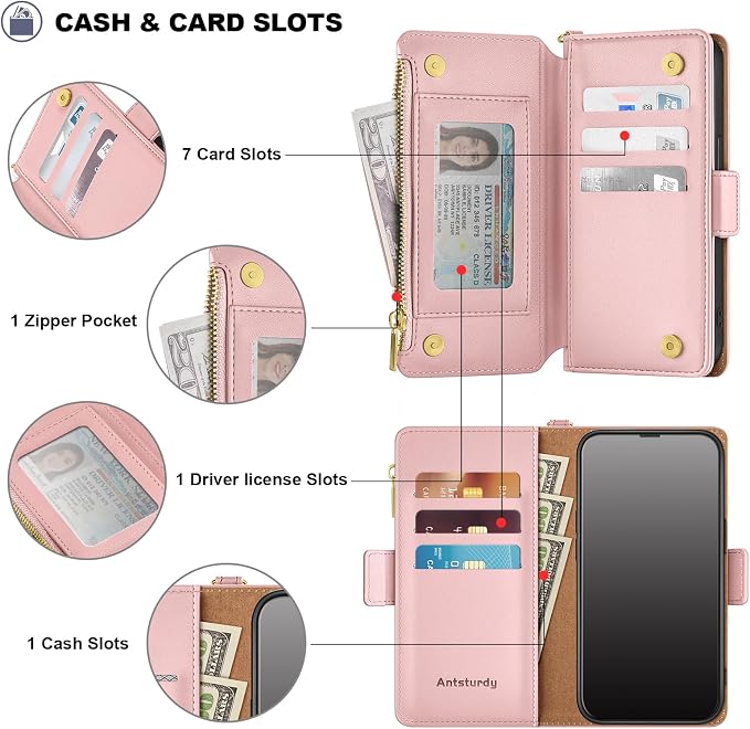 Antsturdy Compatible with iPhone 17 Pro Wallet Case Women,RFID Blocking PU Leather Phone Case Men Kickstand Flip Cover Wrist Strap Zipper Credit Card Holder Slots for Apple 17 Pro 6.3",Pink