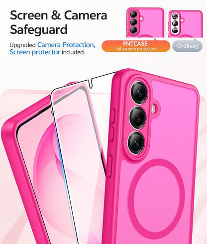 FNTCASE for Samsung Galaxy S26 Case, Fit for Magsafe, with Screen Protector | Full Camera Protection, Translucent Matte, 14FT Military Grade Drop Proof, Shockproof Protective Phone Cover, Hot Pink