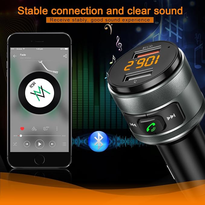 Bluetooth 5.4 FM Transmitter for Car, MP3 Music Player Wireless Radio Adapter Kit with QC 3.0 Fast Charger, Hands-Free Calling, Supports USB Drive for 12V/24V Vehicles