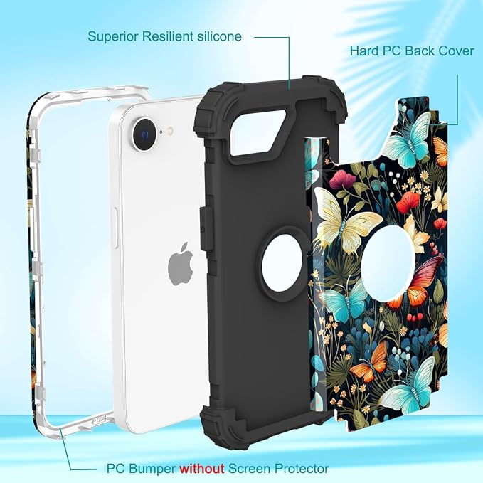 Hocase for iPhone 17e/iPhone 16e Case, Heavy Duty Shockproof Protection Hard Plastic+Silicone Rubber Hybrid Protective Phone Case for iPhone 17e/16e 6.1" - Butterflies in Garden