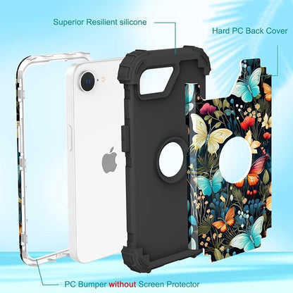 Hocase for iPhone 17e/iPhone 16e Case, Heavy Duty Shockproof Protection Hard Plastic+Silicone Rubber Hybrid Protective Phone Case for iPhone 17e/16e 6.1" - Butterflies in Garden