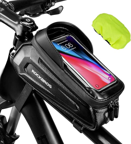 ROCKBROS Bike Phone Mount Racks & Bag, EVA Waterproof Bike Phone Holder Top Tube Front Frame Bag Bicycle Accessories Pouch for Phones Under 6.3” (Black-1.3L)