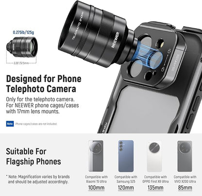 NEEWER 2X Converter for Phone Camera Telephoto Lens Only, 240mm Teleconverter 7 Elements in 5 Groups, 17mm Thread Compatible with NEEWER Phone Cage iPhone Android Samsung Xiaomi, LS-79