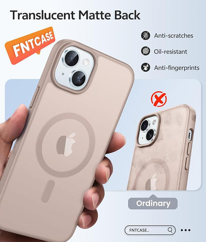 FNTCASE for iPhone 15 Case: for iPhone 14 Case & iPhone 13 Case [Compatible with Magsafe] Translucent Matte Cases with [Screen Protector] Military Grade Shockproof Protective Phone Cover - Desert Gold