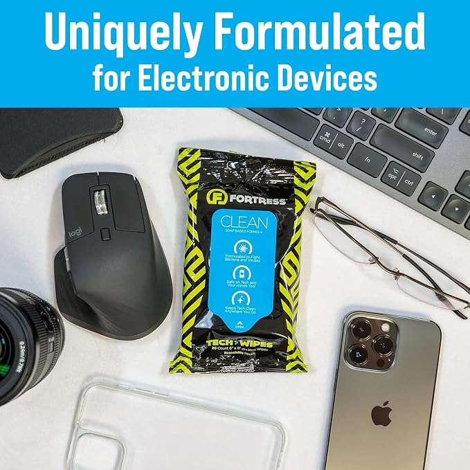 Fortress Electronic Wipes With Microfiber Cloth (25 ct, Pack of 10) To-Go Tech Wipes for Screens, Phones, Keyboards, TV Monitors, Computer Screens, and More [Travel Size] Skin-Safe