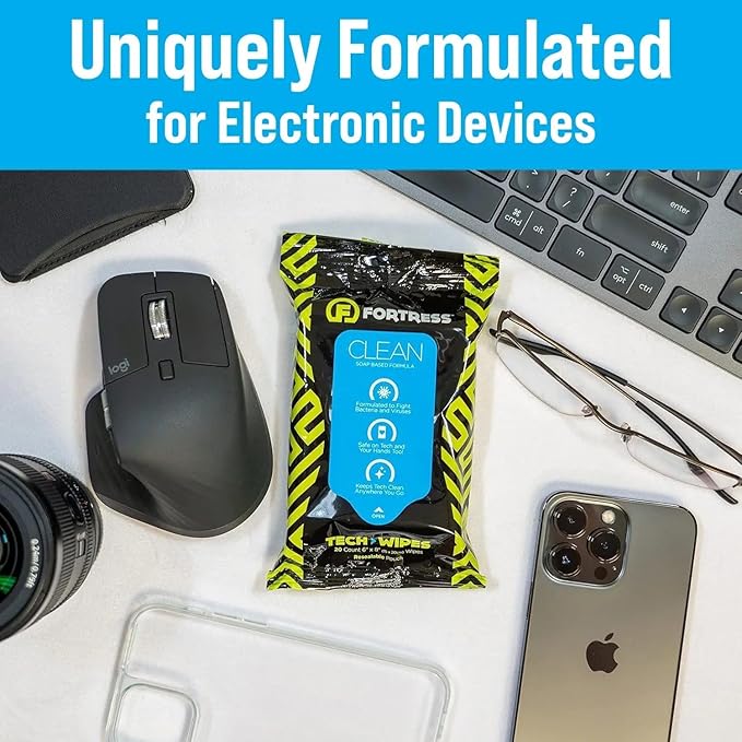 Fortress Electronic Wipes (25 ct, Pack of 2) To-Go Tech Wipes for Screens, Phones, Keyboards, TV Monitors, Computer Screens, and More [Travel Size] Skin-Safe