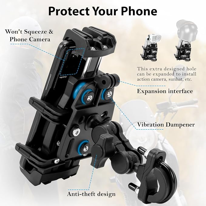 EMERK Motorcycle Phone Mount - Anti-Shake Phone Holder with Vibration Dampener Fits 4.7''-7.2'' Smartphones, Adjustable Heavy-Duty Handlebar Mount for Bike Bicycle Scooter ATV (0.5''-1.3'' Handlebars)