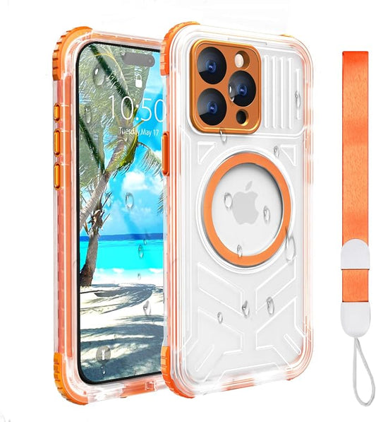 for iPhone 15 Pro Waterproof Case Compatible with MagSafe, IP68 Underwater Case Built-in Screen Protector, Slim Translucent 360° Full Body Protection, 12FT Military Grade 6.1 inch Orange