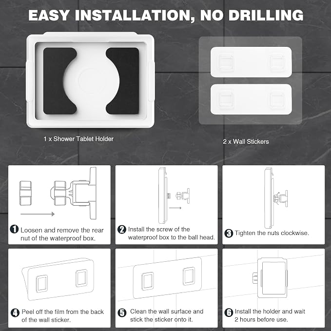 MoKo Shower Tablet Holder, Stretchable Waterproof iPad Holder Fit All Devices Up to 11", 360° Rotation Tablet Wall Mount Holder with Anti-Fog Touchable Screen, 2 Placement Modes, for Bathroom Kitchen