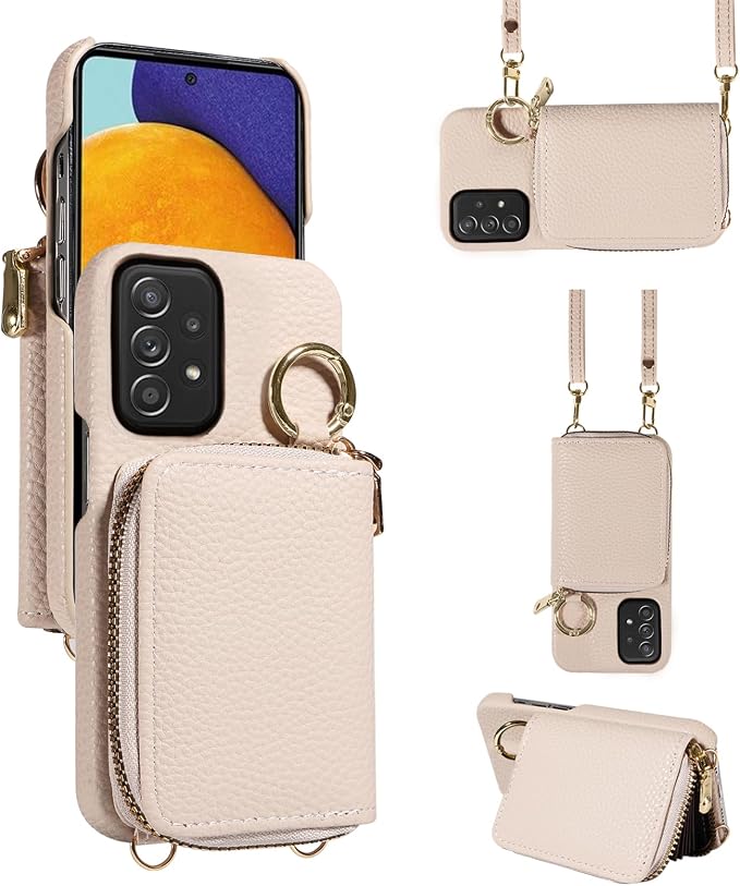 Wallet Case for Samsung Galaxy A52/A52S 5G with Shoulder Strap Ring Buckle, PU Leather Zipper Organ Purse, Credit Card Holder Stand Cell Phone Cover for A 52 S 4G G5 52A S52 52S Women Men White