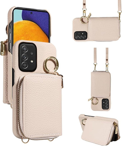 Wallet Case for Samsung Galaxy A52/A52S 5G with Shoulder Strap Ring Buckle, PU Leather Zipper Organ Purse, Credit Card Holder Stand Cell Phone Cover for A 52 S 4G G5 52A S52 52S Women Men White