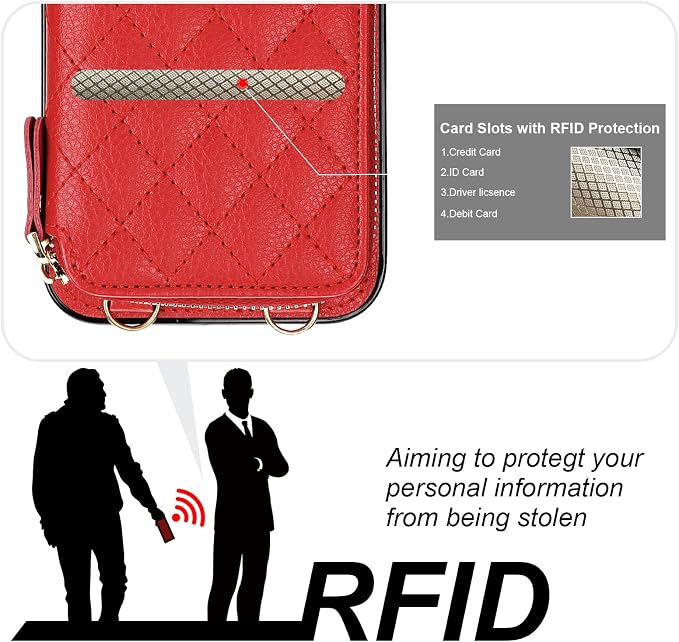Bocasal Crossbody Wallet Case for iPhone 15 Pro, RFID Blocking PU Leather Zipper Handbag Purse Flip Cover, Kickstand Folio Case with Card Slots Holder Wrist Strap Lanyard 5G 6.1 Inch (Red)