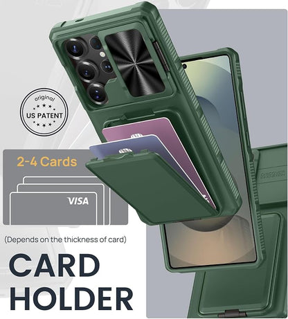 SSLOTSCASE for Samsung Galaxy S25 Ultra Case with Card Holder & Camera Cover Stand & Slide Lens Cover, Multifunctional Rugged Wallet Phone Case Cover for Galaxy S25 Ultra 6.9'', Green