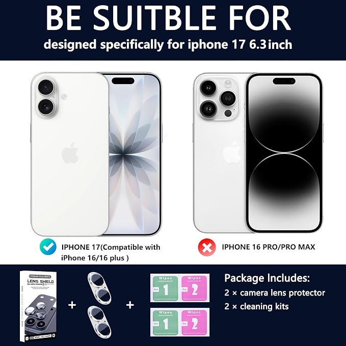 2 Pack Camera Lens Protector for iPhone 17,Metal AR Tempered Glass Rear Camera Screen Cover,Anti-Scratch,Strong Adsorption,Case Friendly, Easy to Install-Silver
