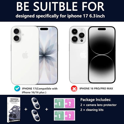 2 Pack Camera Lens Protector for iPhone 17,Metal AR Tempered Glass Rear Camera Screen Cover,Anti-Scratch,Strong Adsorption,Case Friendly, Easy to Install-Silver