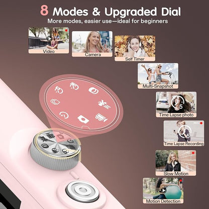 Digital Camera, 4K Vlogging Camera with 64MP, Point and Shoot Digital Cameras with 18X Zoom, Anti-Shake, Mode Dial, 32GB SD Card, Card Reader, Charger, Compact Small Cameras, Pink