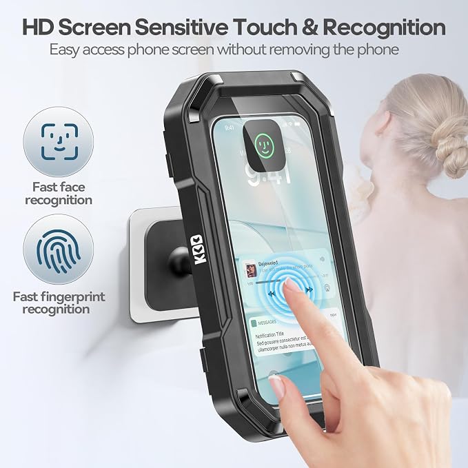 KDD Shower Phone Holder Waterproof - 360° Rotation Detachable Phone Case, Fully Enclosed High Touch Sensitive Design Wall Phone Mount Stand, Bathroom Mirror Bathtub Accessories for 4-6.7” Cellphones