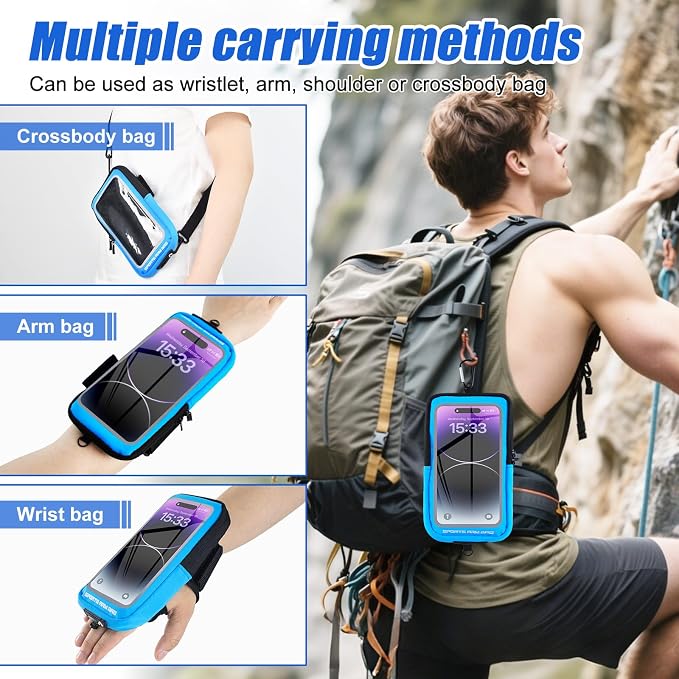 Phone Holder for Running, Running Armband Phone Holder with Carabiner, Phone Armbands for iPhone 17 16 15 14 13 12 11Pro Max & Galaxy S25/S24/S23, Cell Phone Armband Up to 6.8'' Phone (Blue)