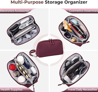 FYY Travel Cable Organizer - 8 Compartments, Lightweight, Water Repellent | With Wrist Strap, Portable Tech Pouch for Cord Charger, Travel and Business Trips Use, Soft Shell Nylon, Wine Red (Small)