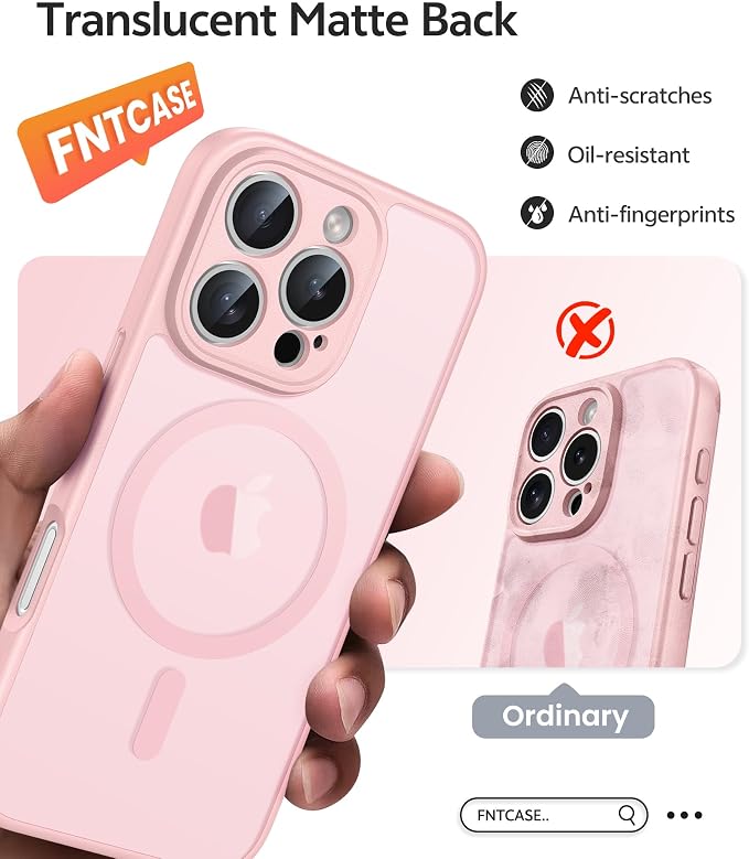 FNTCASE for iPhone 16 Pro Case: [Compatible with Magsafe] Translucent Matte Cases with [Full Camera Protection] [Screen Protector] Military Grade Shockproof Protective Phone Cover - Light Pink