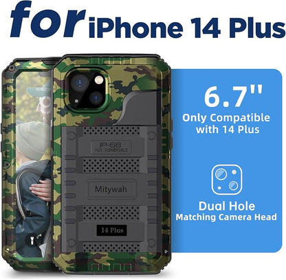 Mitywah Waterproof Case for iPhone 14 Plus, Heavy Duty Shockproof Case with Built-in Screen Protector, Full Body Underwater Protective Metal Case 6.7 inch, Camouflage